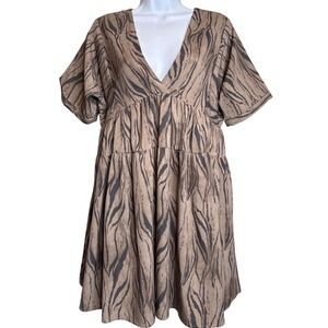 LUMINARY Beige Black Tiger‎ Print Tiered Mini Dress S Artsy Feminine Boho-Chic